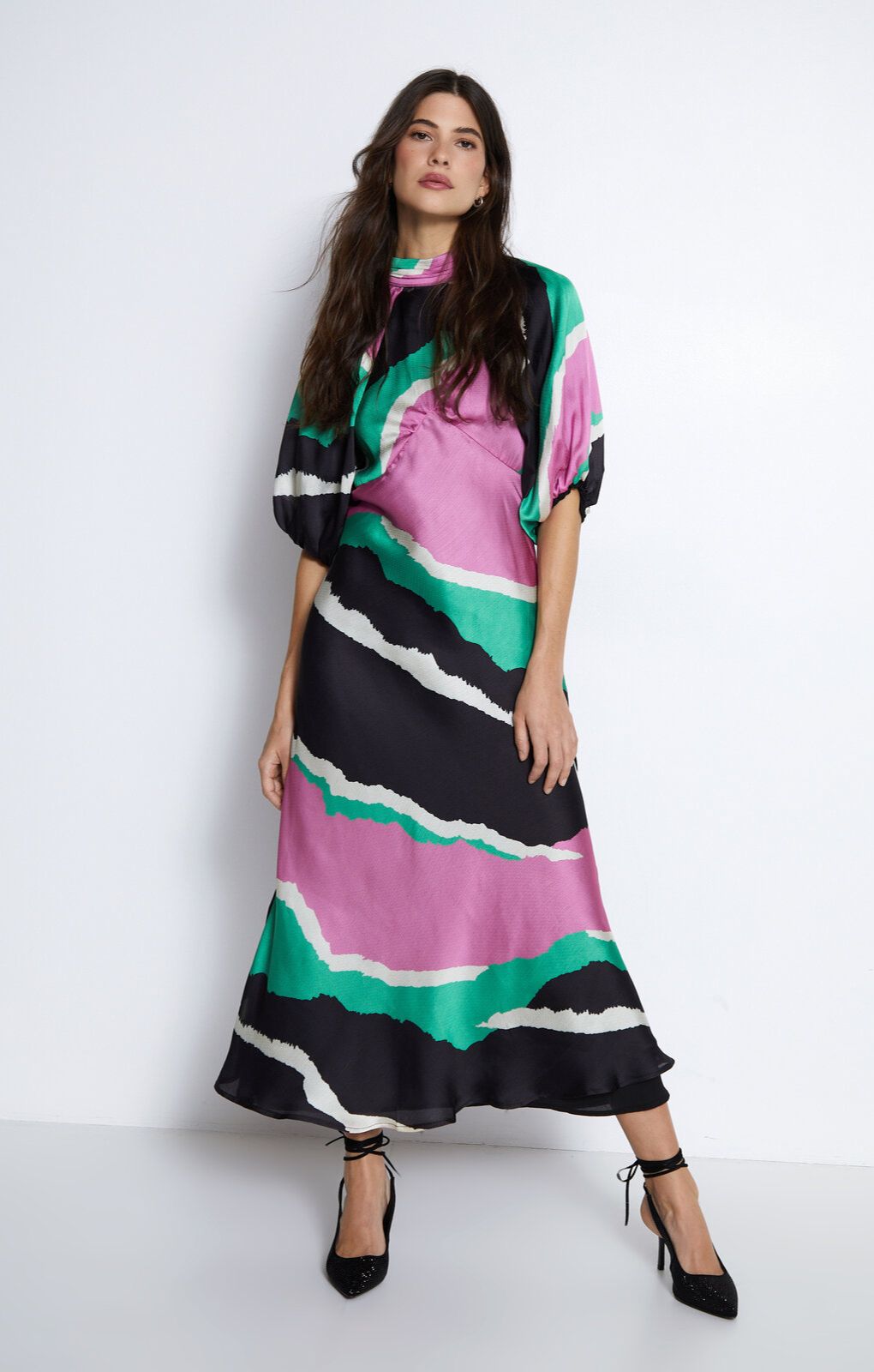 Warehouse Multi Colour Block Puff Sleeve Dress