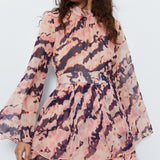 Warehouse Peach Recycled Tie Dye Tiered Chiffon Mini Dress