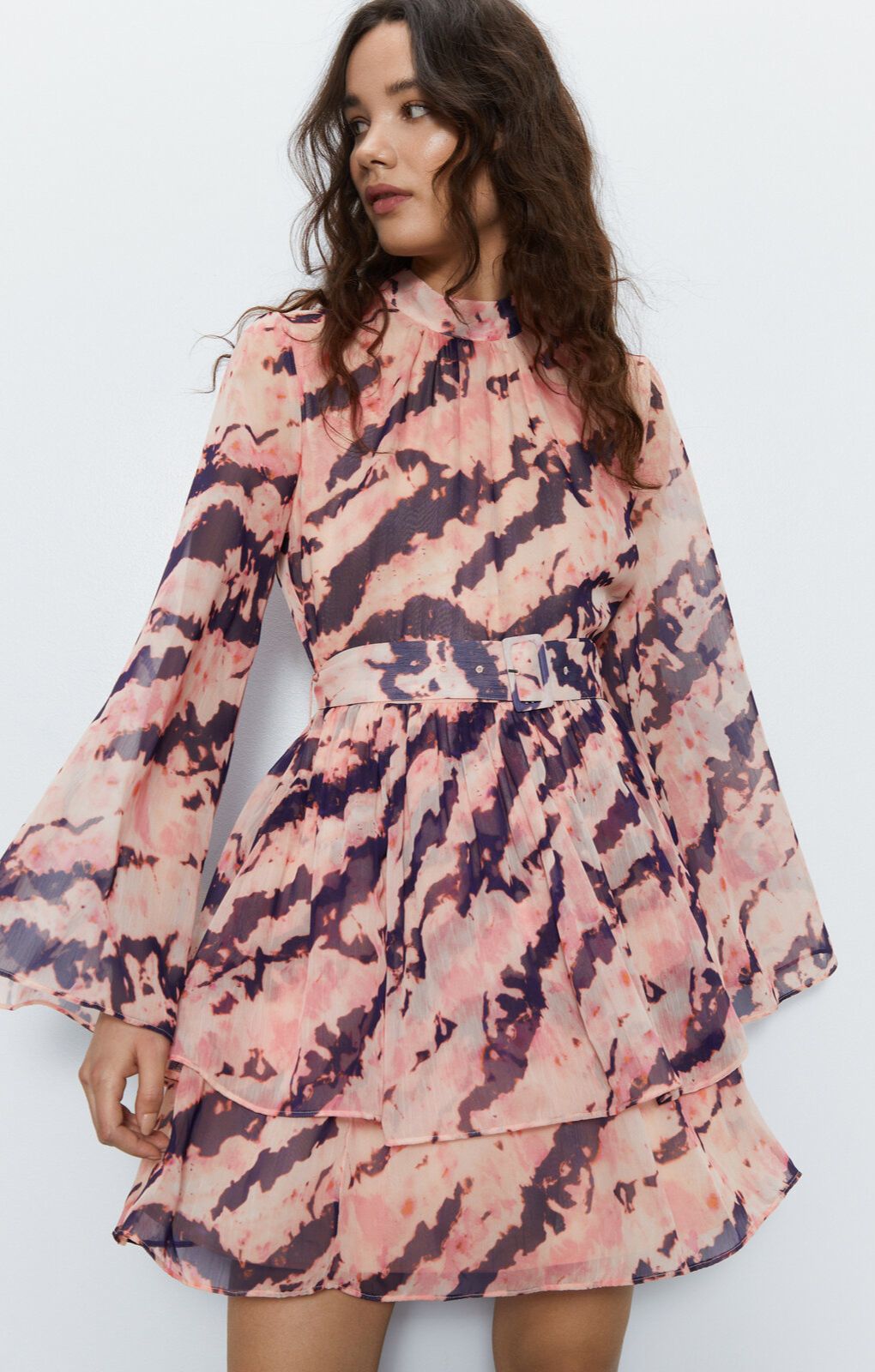 Warehouse Peach Recycled Tie Dye Tiered Chiffon Mini Dress