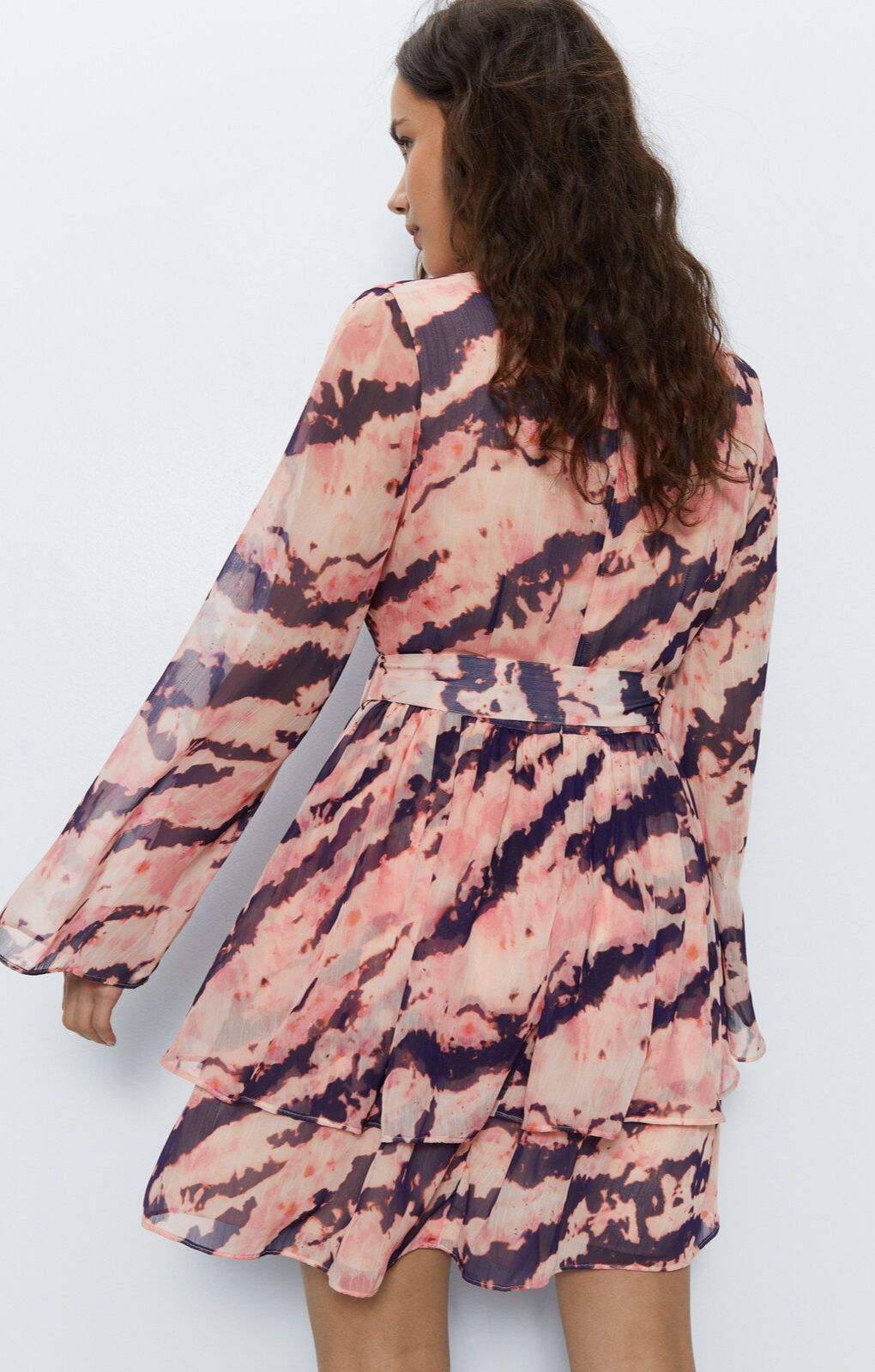 Warehouse Peach Recycled Tie Dye Tiered Chiffon Mini Dress