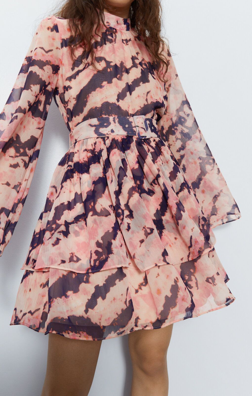 Warehouse Peach Recycled Tie Dye Tiered Chiffon Mini Dress