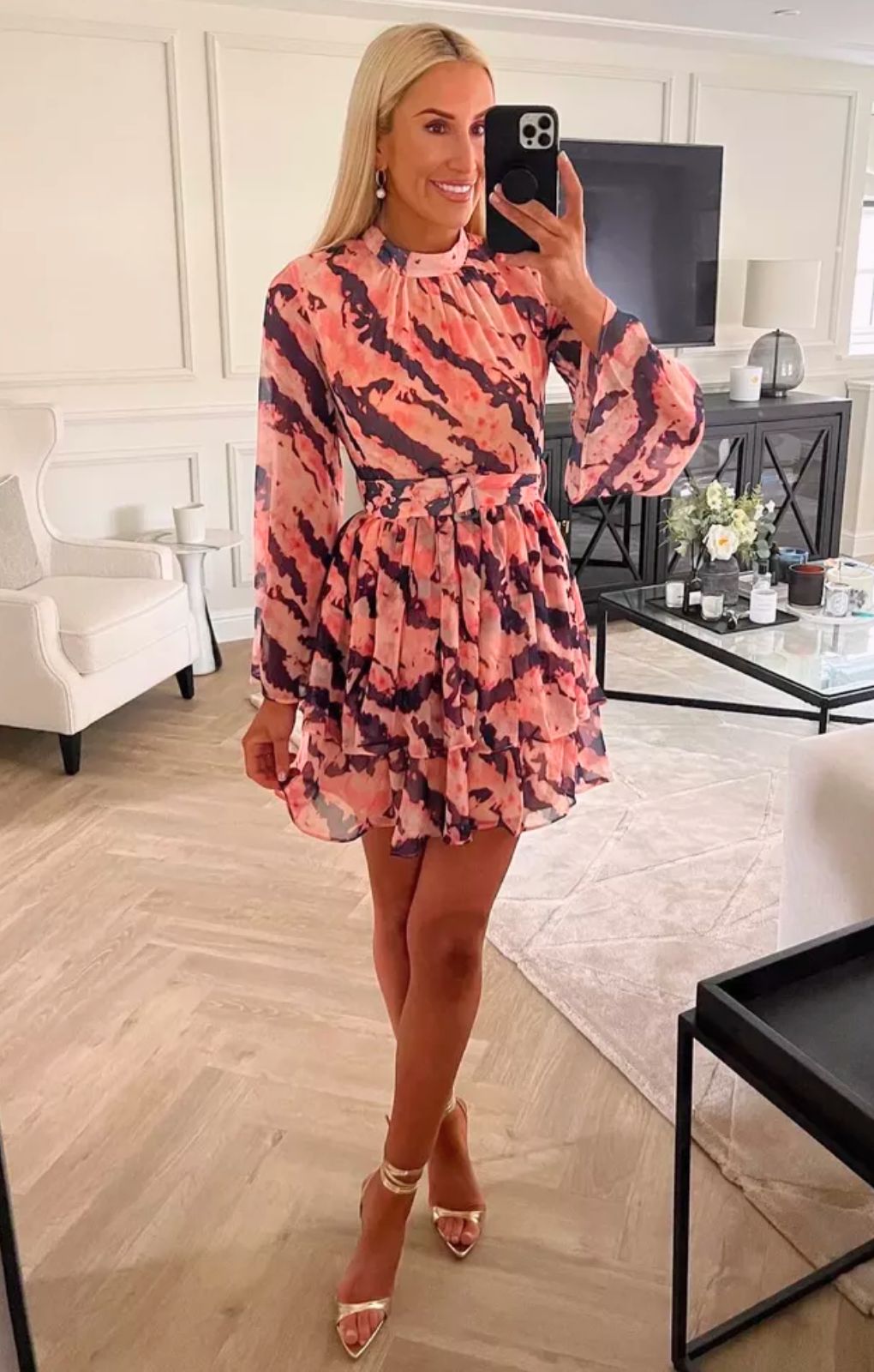 Warehouse Peach Recycled Tie Dye Tiered Chiffon Mini Dress