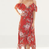 WAYF Nanette Ruffle Wrap Midi Dress