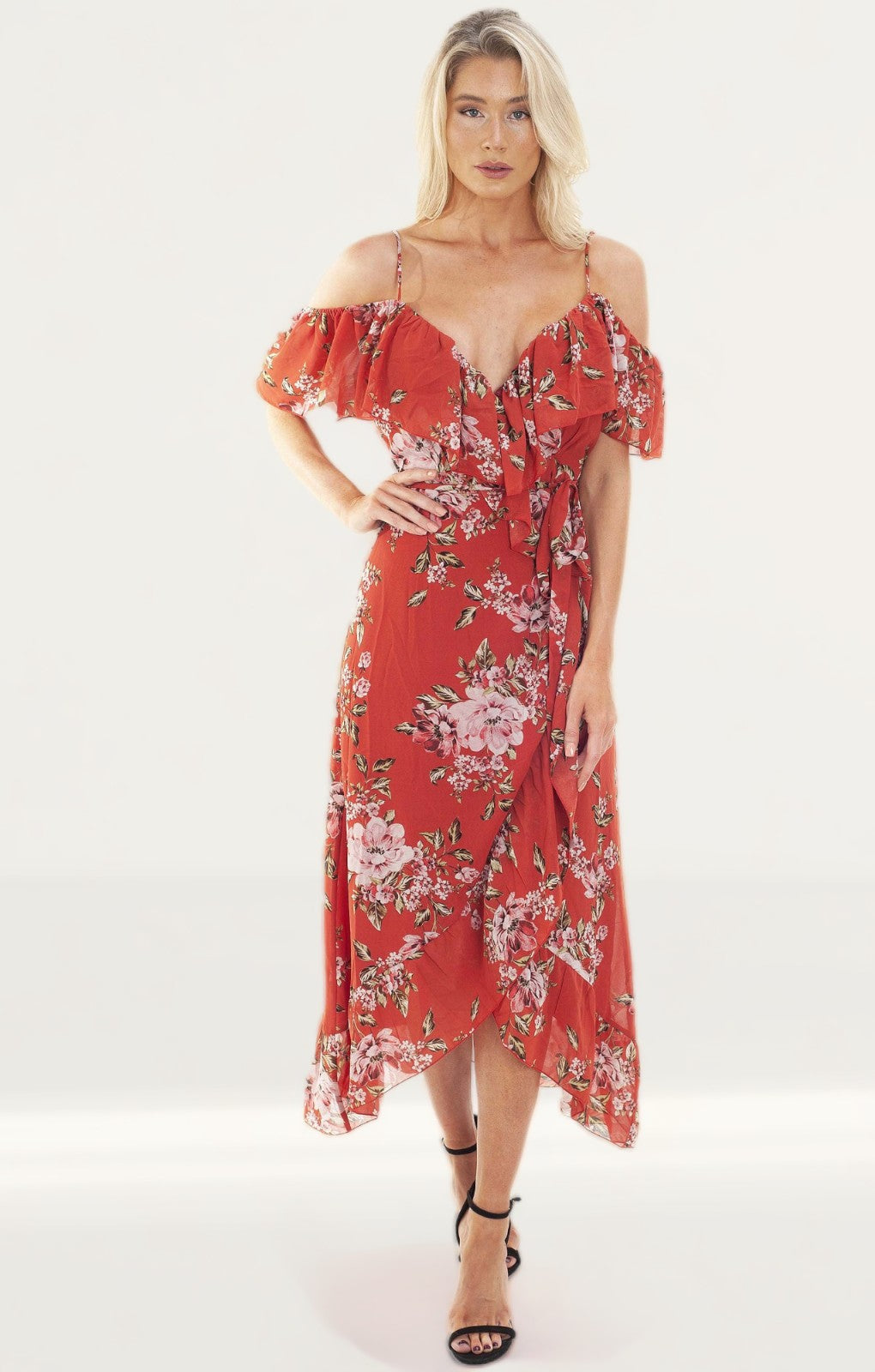 WAYF Nanette Ruffle Wrap Midi Dress