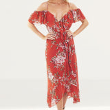 WAYF Nanette Ruffle Wrap Midi Dress