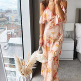 Oasis Ruffle Cold Shoulder Printed Bias Cut Midi Dress