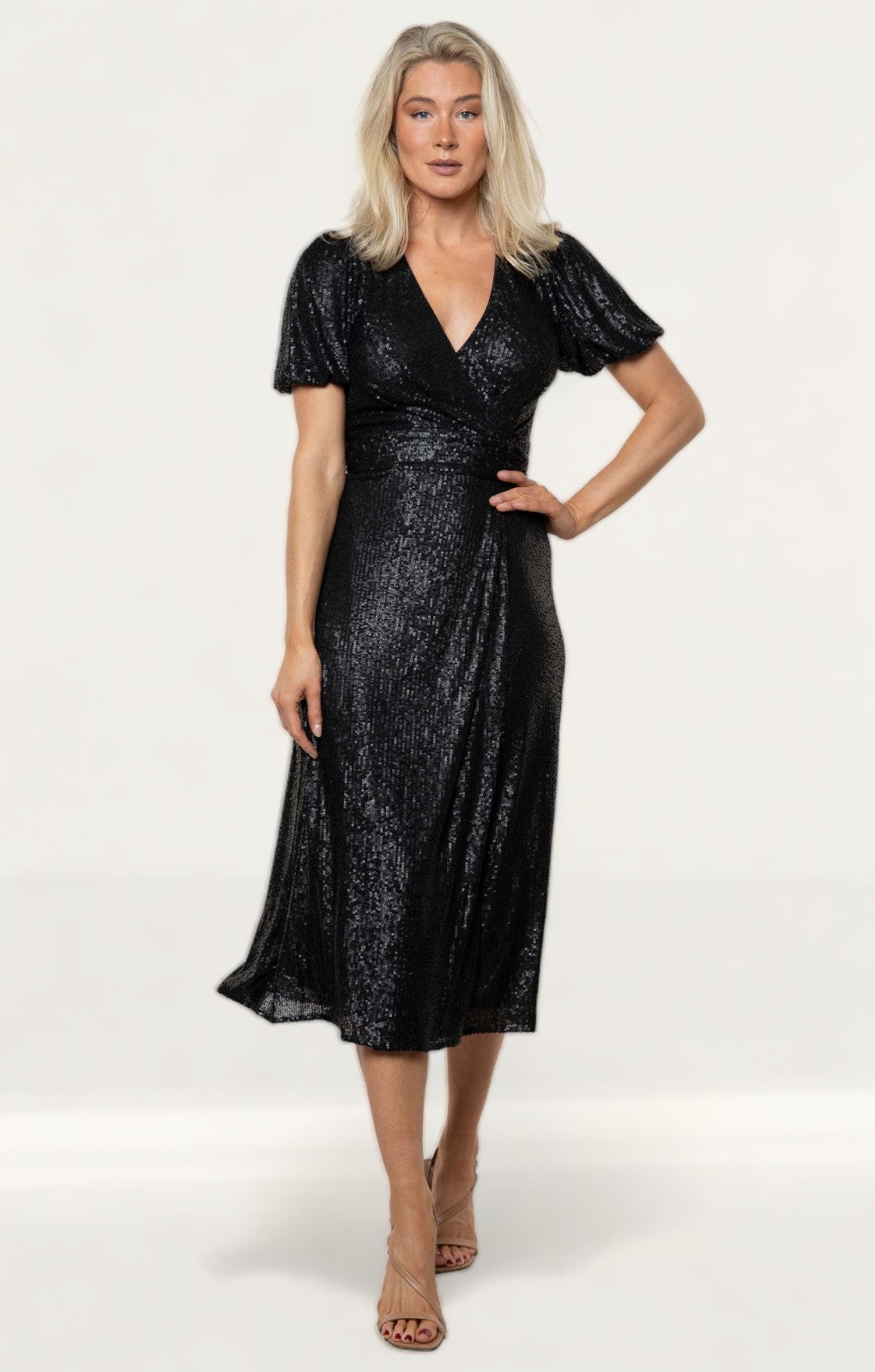Rent Whistles Black Sequin Wrap Midi Dress | Hirestreet Rent Whistles Black Sequin Wrap Midi Dress | Hirestreet