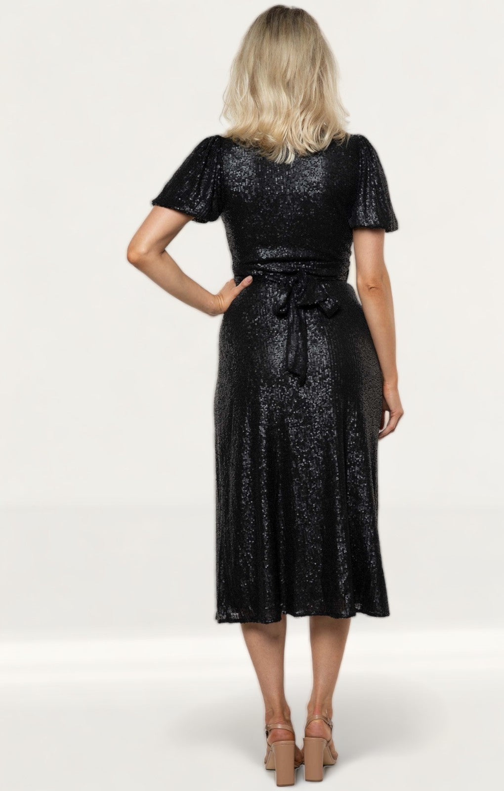Whistles Black Sequin Wrap Midi Dress