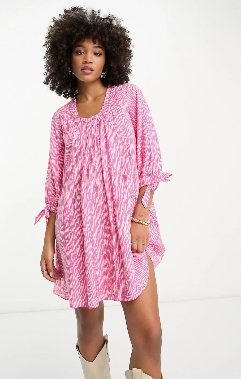 Whistles Gathered Neck Mini Smock Dress In Pink Zebra – dresses by Whistles, available to rent from Hirestreet