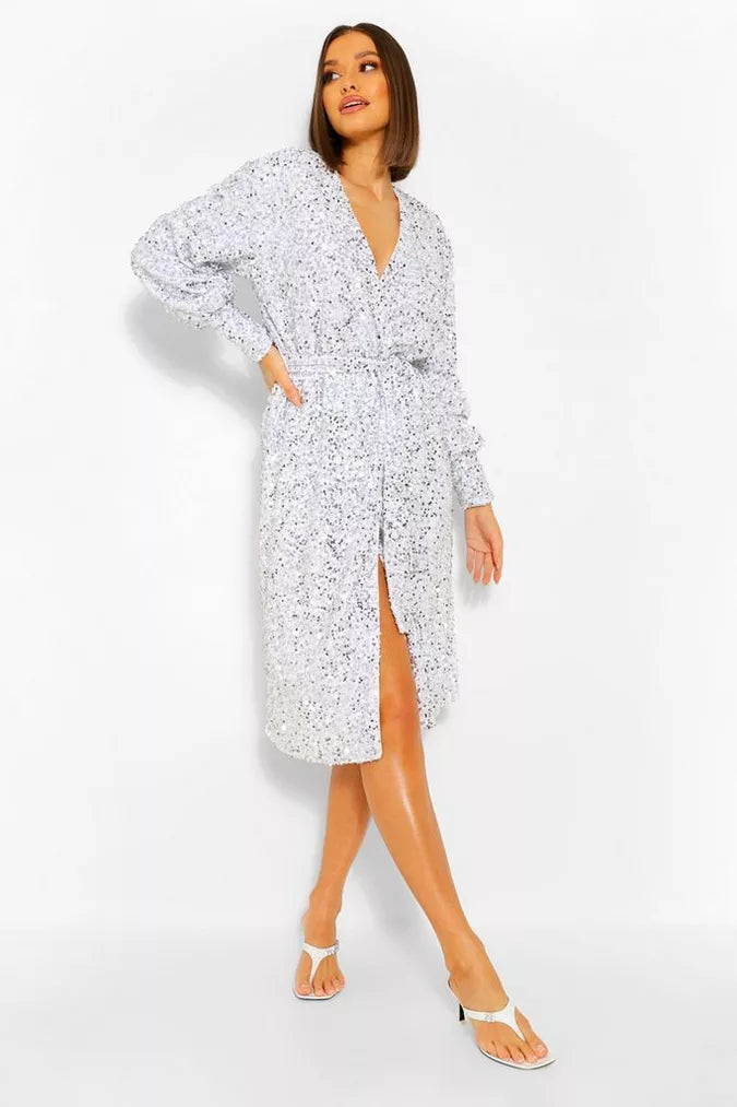 Boohoo Sequin Long Sleeve Tie Waist Midi Party Dress