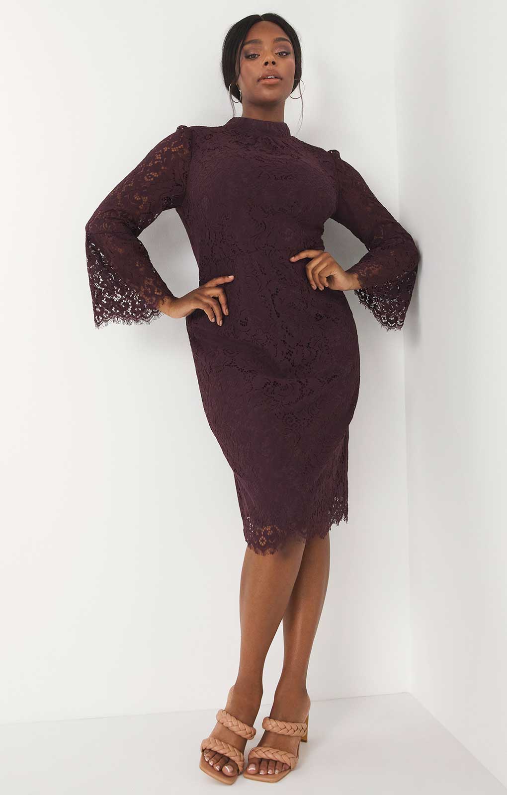 Simply Be Wine Lace Bodycon Midi with Flare Sleeves Simply Be Wine Lace Bodycon Midi with Flare Sleeves