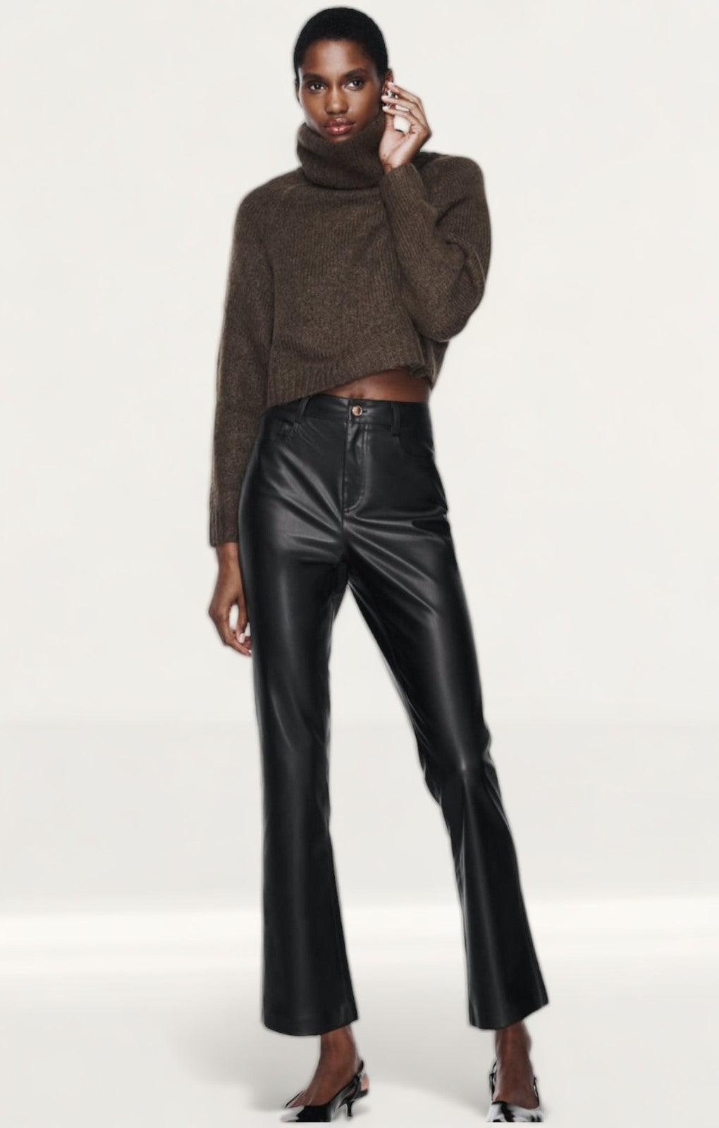 Zara Leather Effect Cropped Mini Flare Trousers
