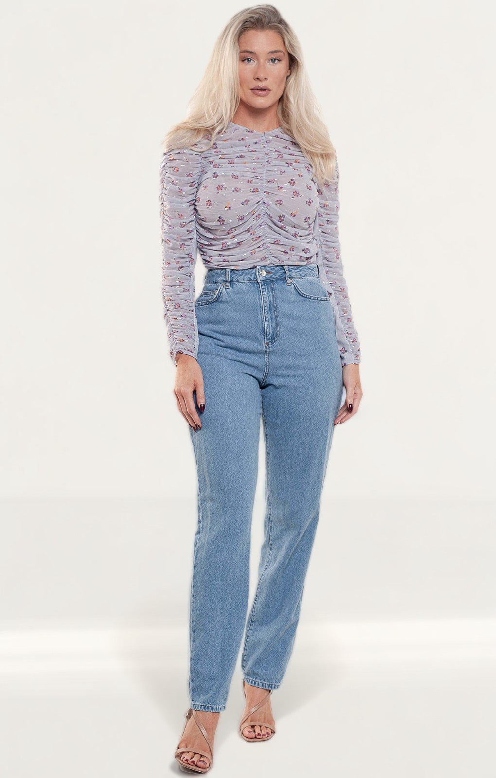 Zara Mauve Printed Blouse With Gathered Detail