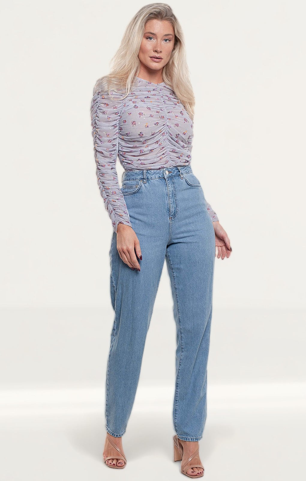 Zara Mauve Printed Blouse With Gathered Detail