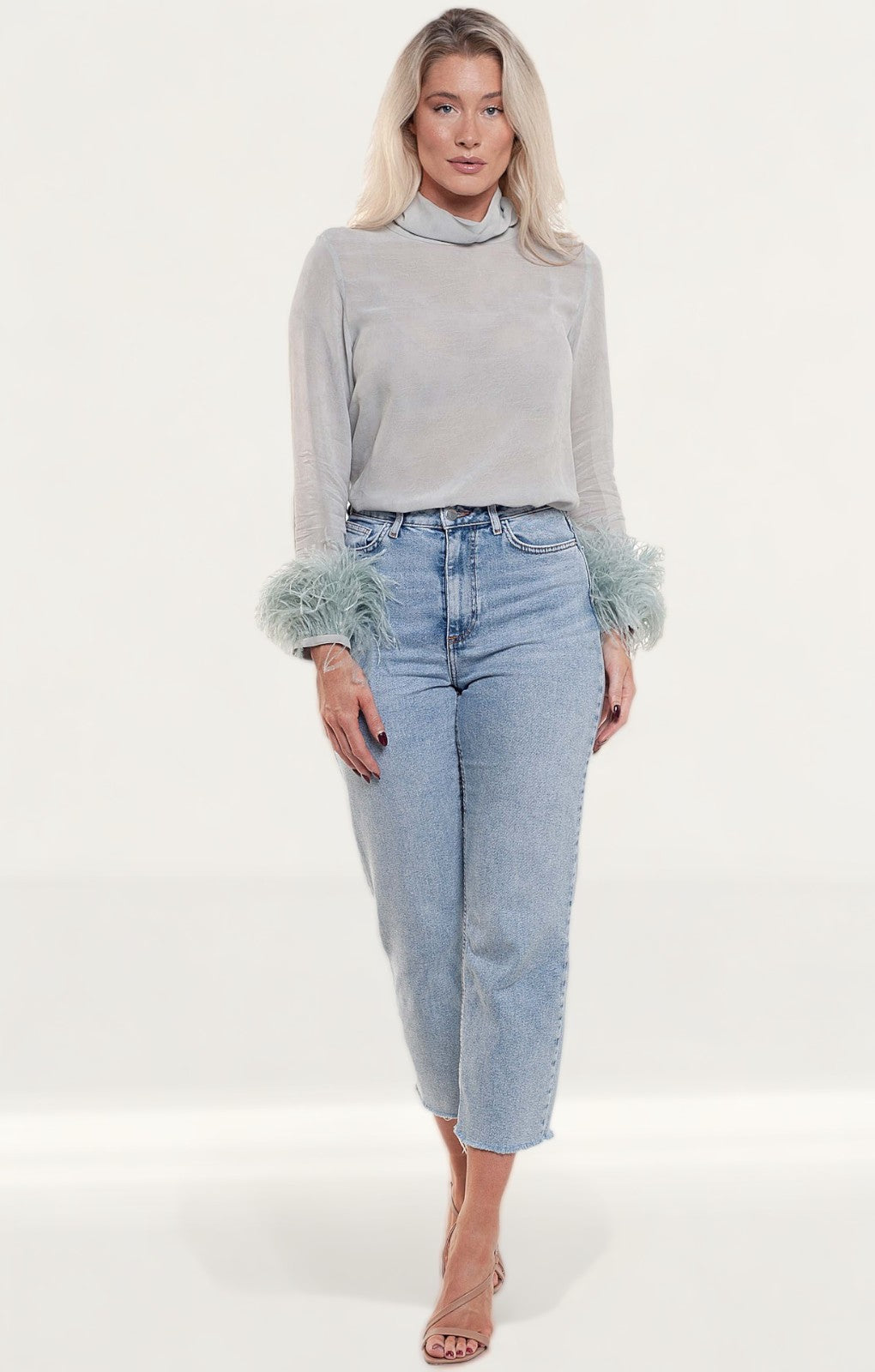Rent Zara Pearl Grey Blouse With Jacquard Feathers