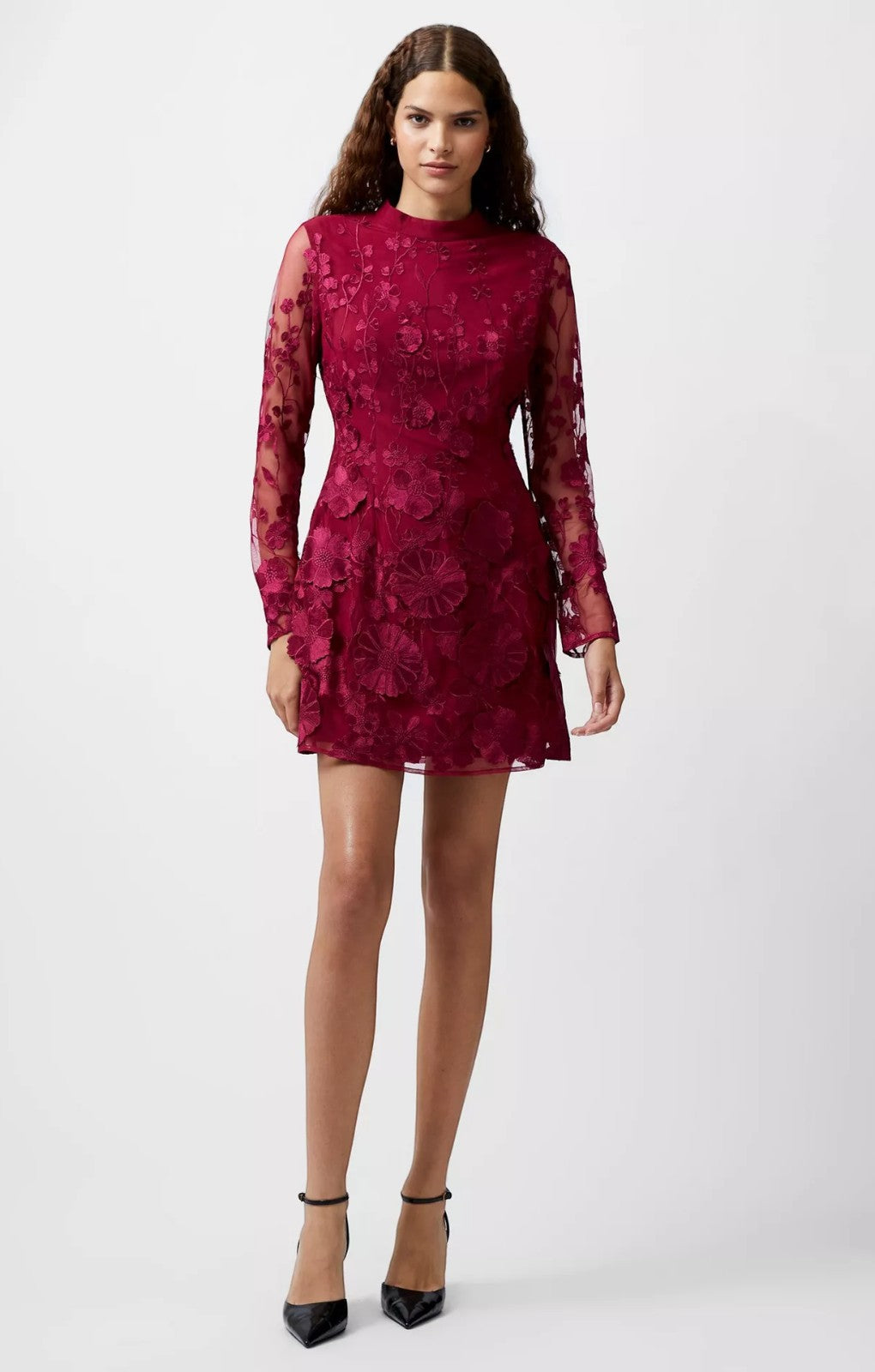 French Connection Astrida 3D Floral Mini Dress Cherry