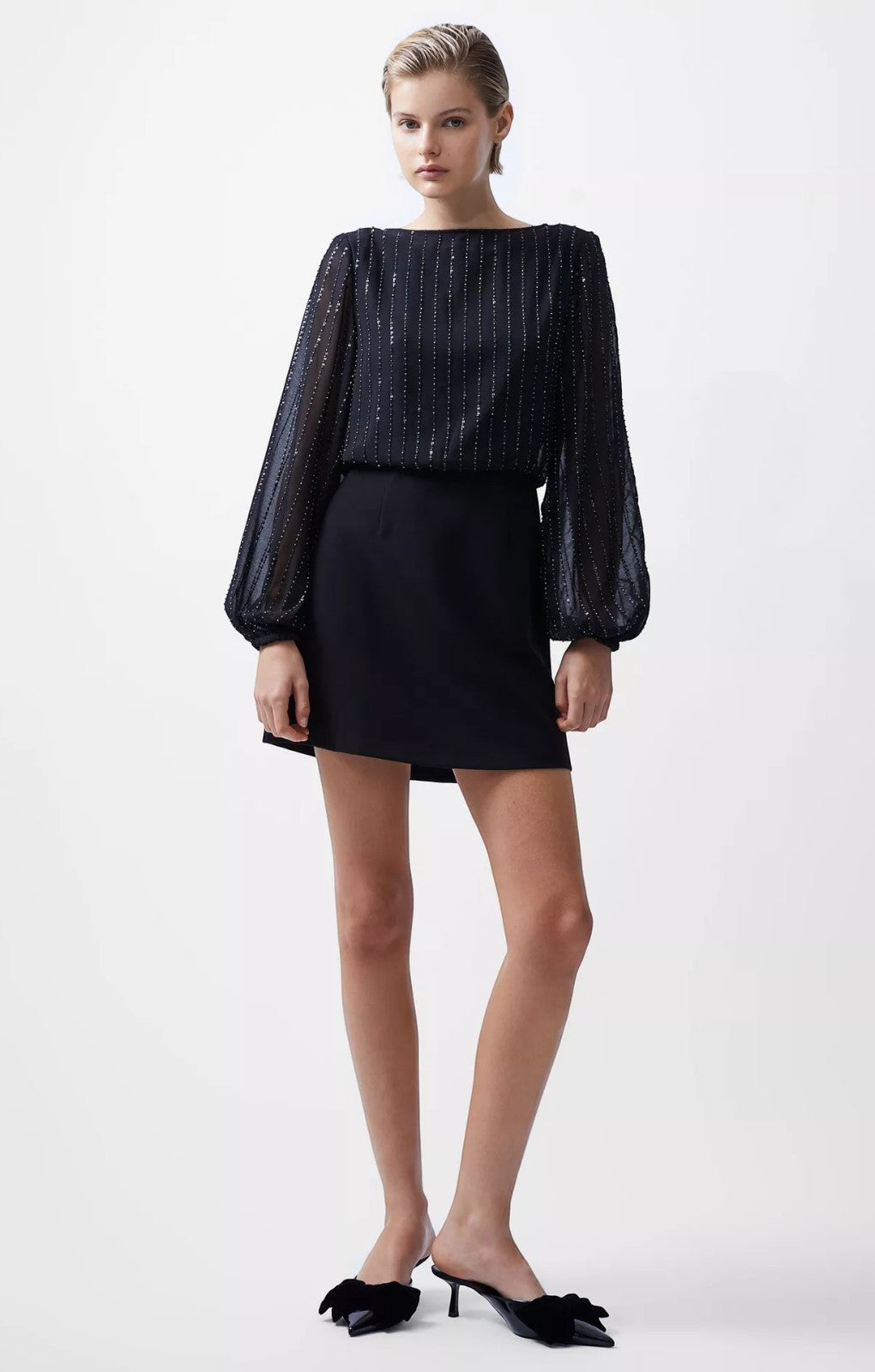 French Connection Effy Sequin Slash Neck Long Sleeve Dress Blackout