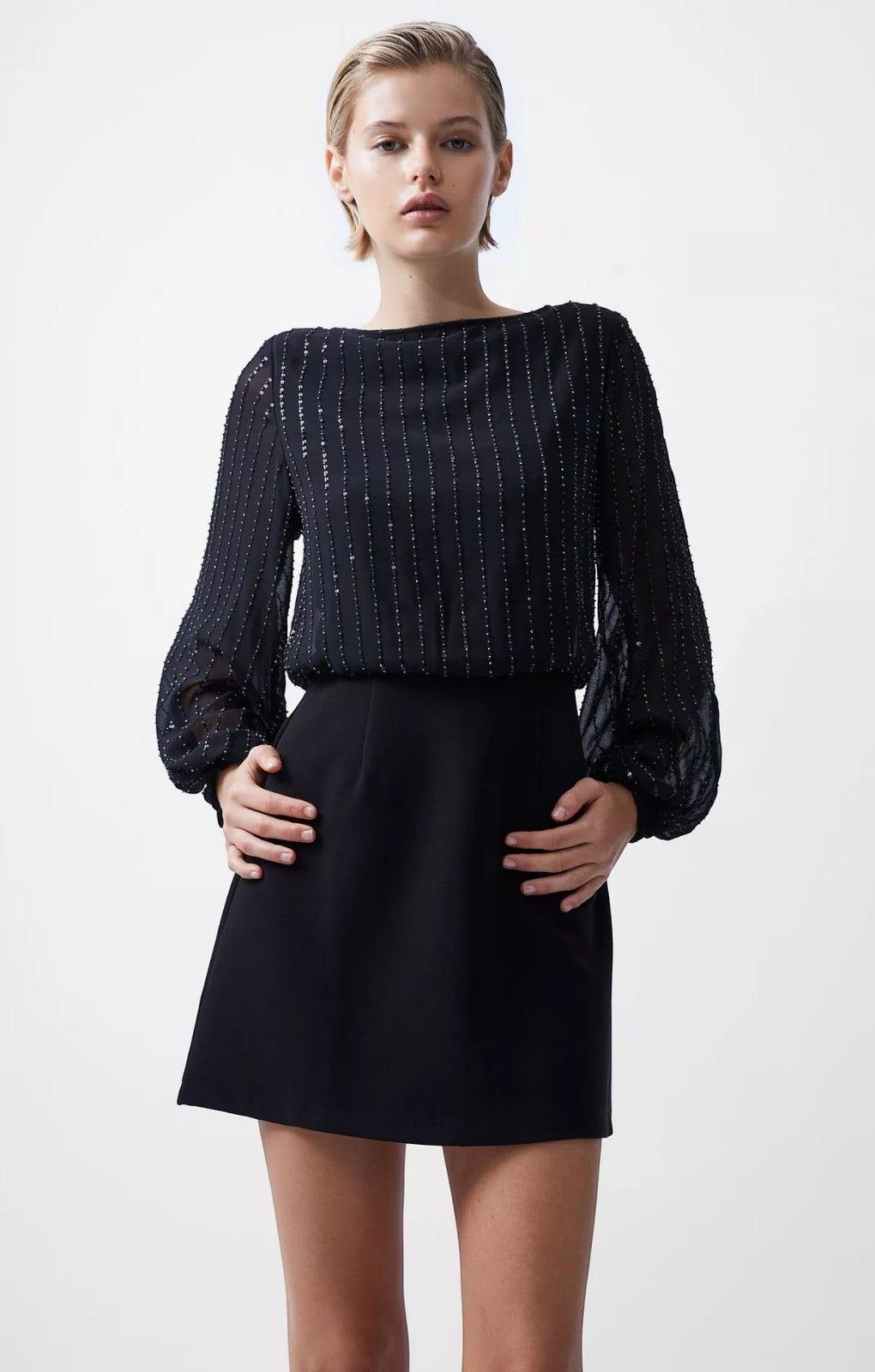 French Connection Effy Sequin Slash Neck Long Sleeve Dress Blackout
