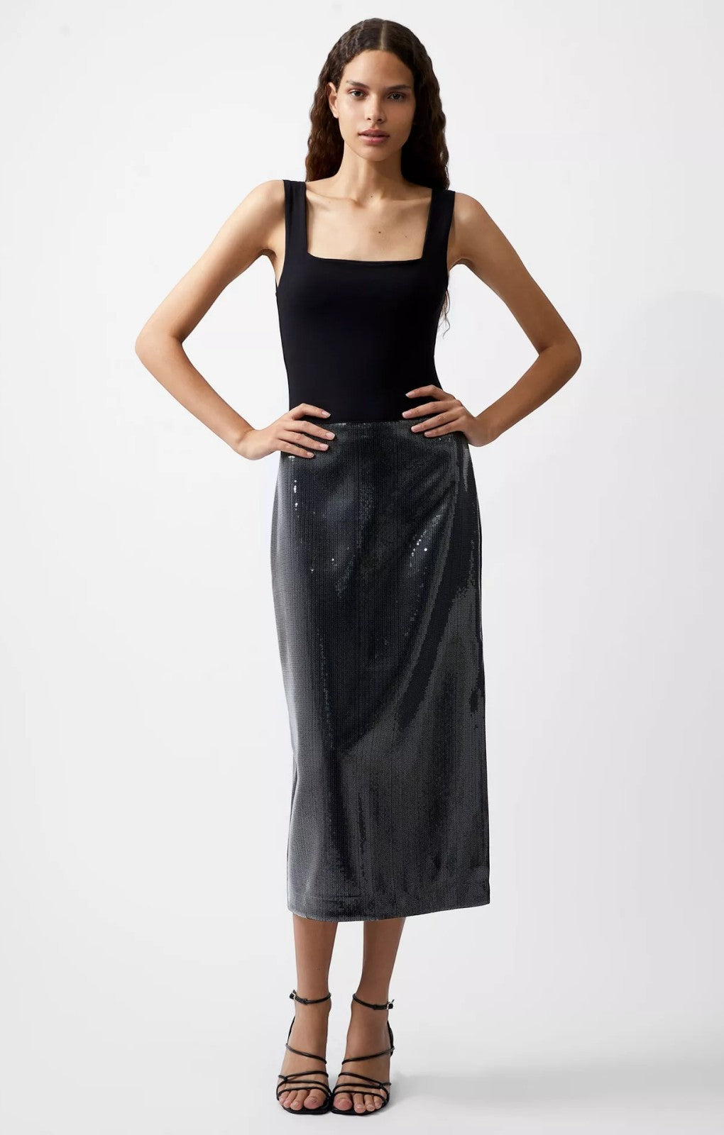 French Connection Amy Sequin Midi Skirt Gunmetal