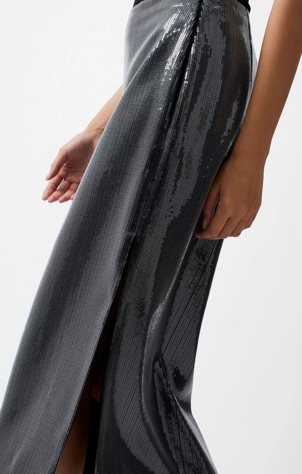 French Connection Amy Sequin Midi Skirt Gunmetal