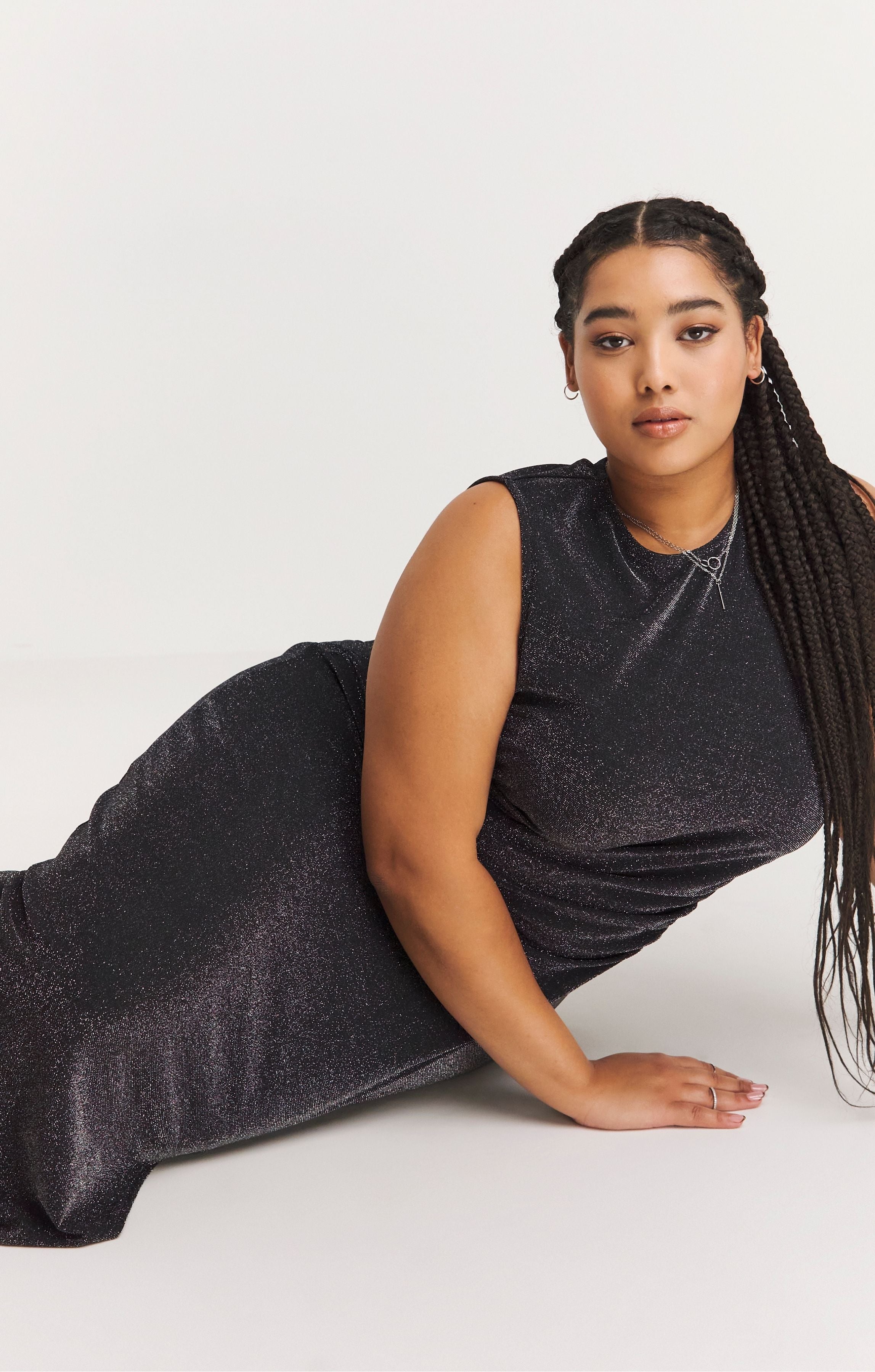 Simply Be Black Glitter Knit Split Maxi Column Dress