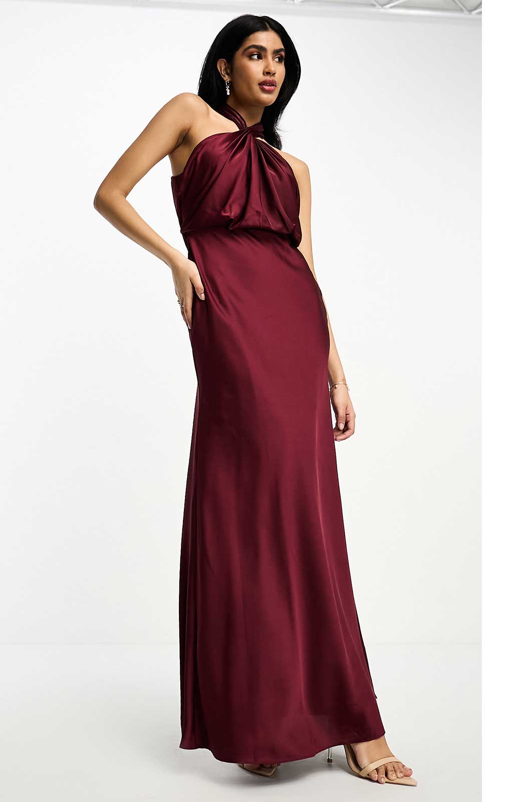 Asos Edition Satin Ruched Halter Neck Maxi Dress In Wine In Burgundy product image