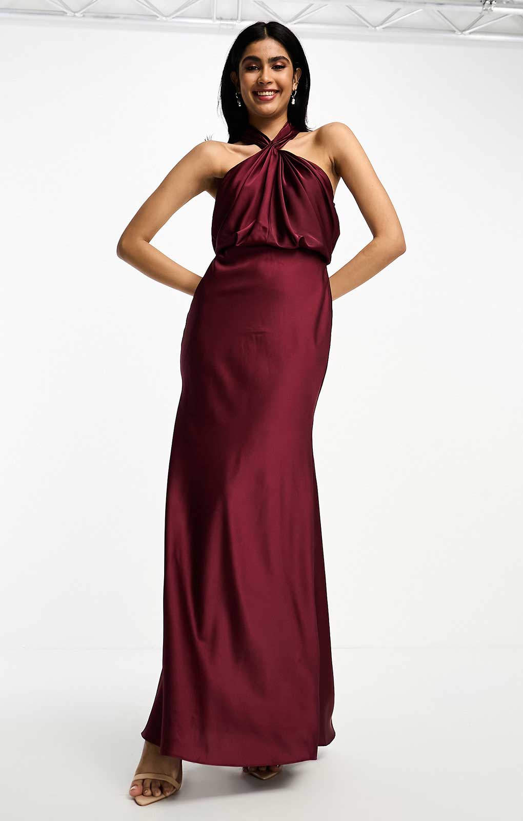 Asos Edition Satin Ruched Halter Neck Maxi Dress In Wine In Burgundy product image