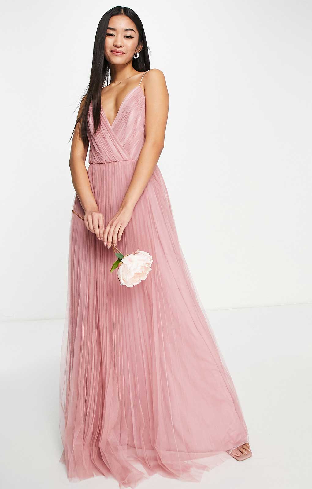 Asos Design Cami Pleated Tulle Maxi Dress In Rose Pink product image