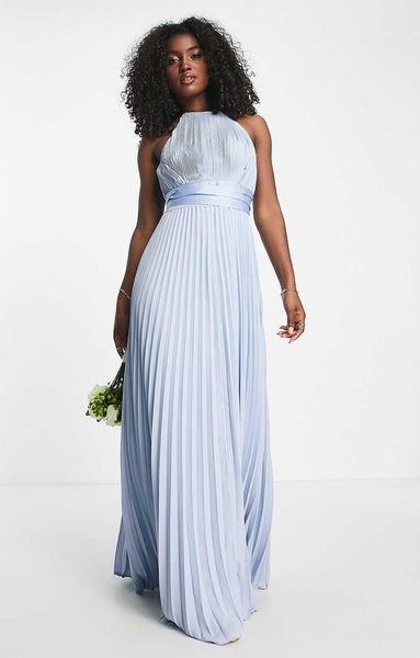 Rent Asos Design Pleated Pinny Maxi Dress With Satin Wrap Waist In Blue