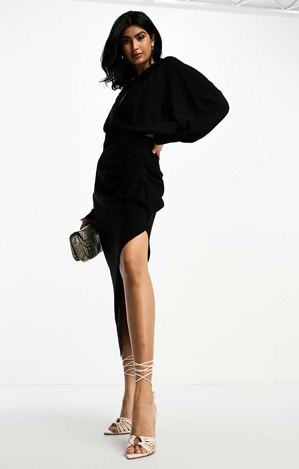 Asos Edition Textured Drape Midi Shirt Dress With Tie Detail In Black product image