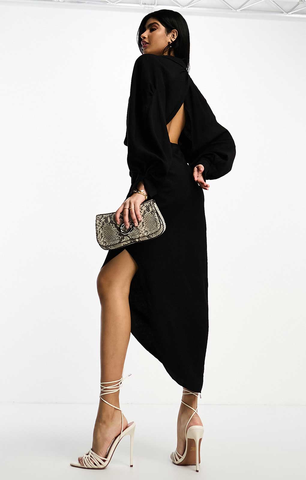 Asos Edition Textured Drape Midi Shirt Dress With Tie Detail In Black