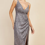 Little Mistress Silver Sequin Mock Wrap Midi Dress