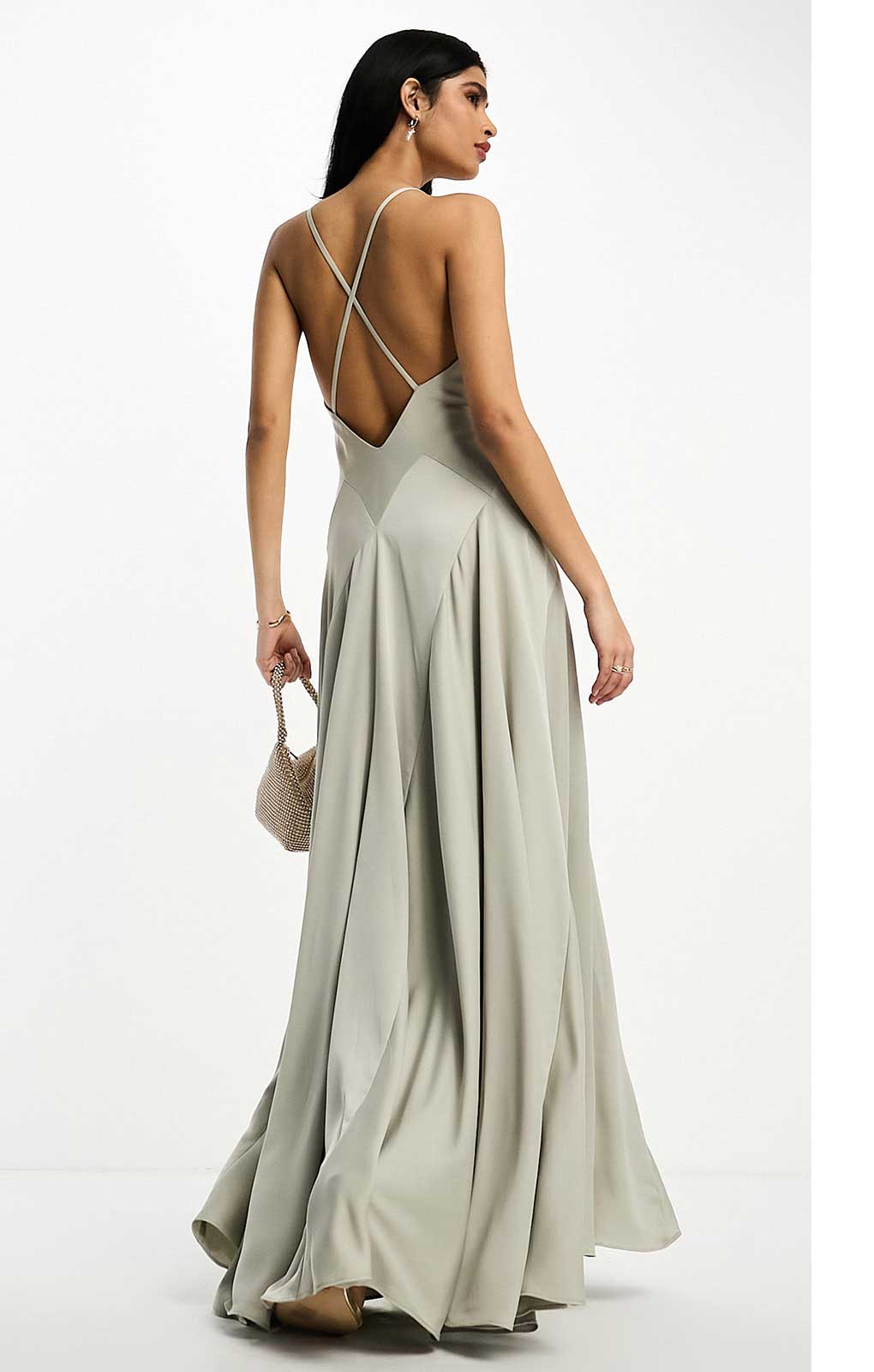Asos Edition Satin Plunge Maxi Dress With Cross Back In Sage Green product image