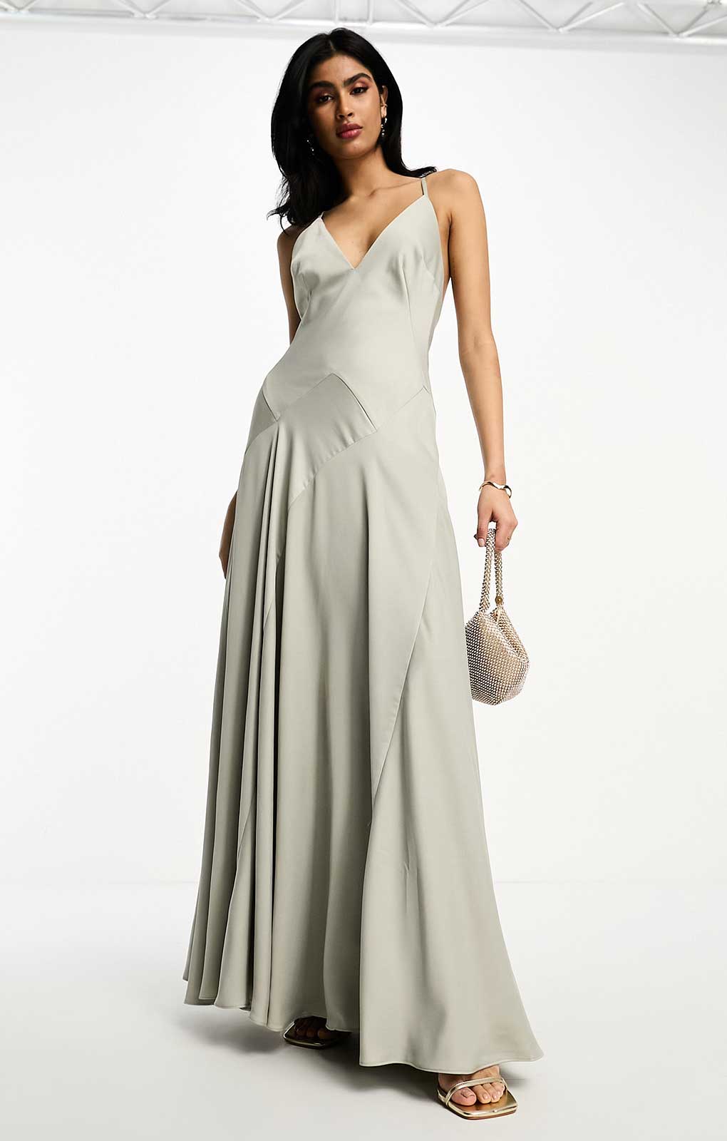 Asos Edition Satin Plunge Maxi Dress With Cross Back In Sage Green product image