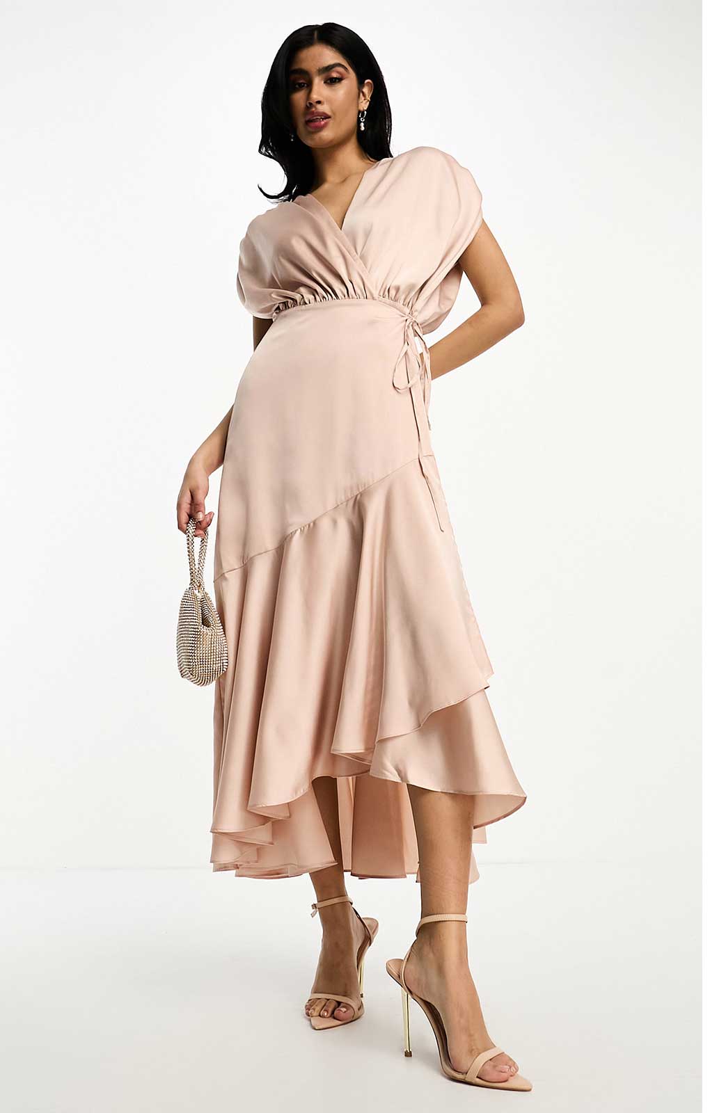 Asos Edition Satin Wrap Midi Dress With Ruched Detail In Blush Pink product image