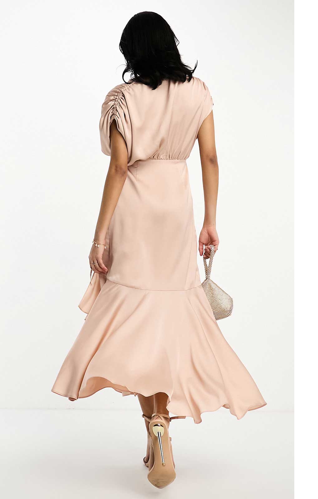 Asos Edition Satin Wrap Midi Dress With Ruched Detail In Blush Pink