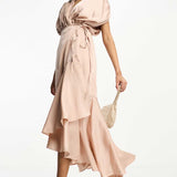 Asos Edition Satin Wrap Midi Dress With Ruched Detail In Blush Pink product image