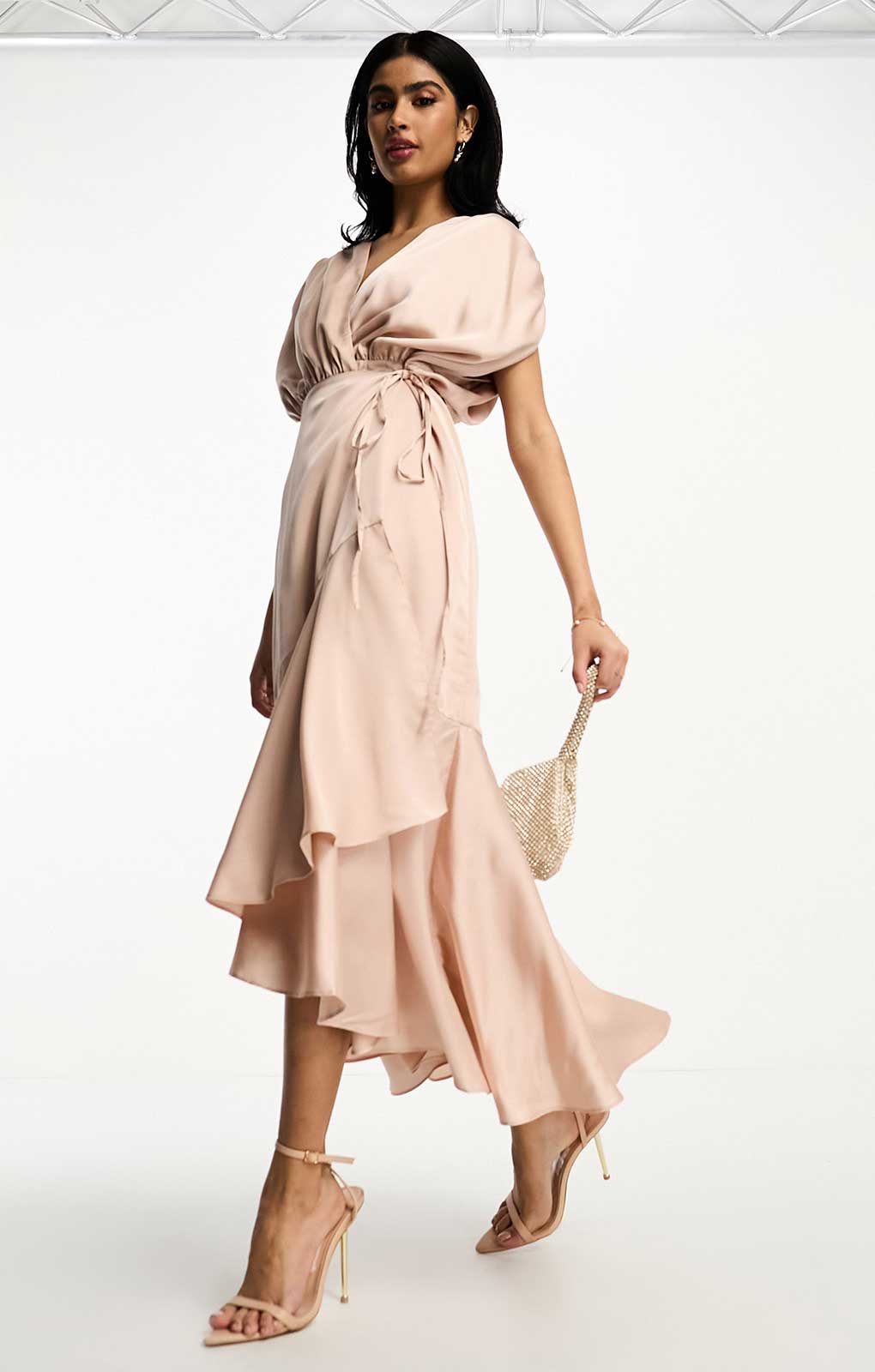 Asos Edition Satin Wrap Midi Dress With Ruched Detail In Blush Pink product image