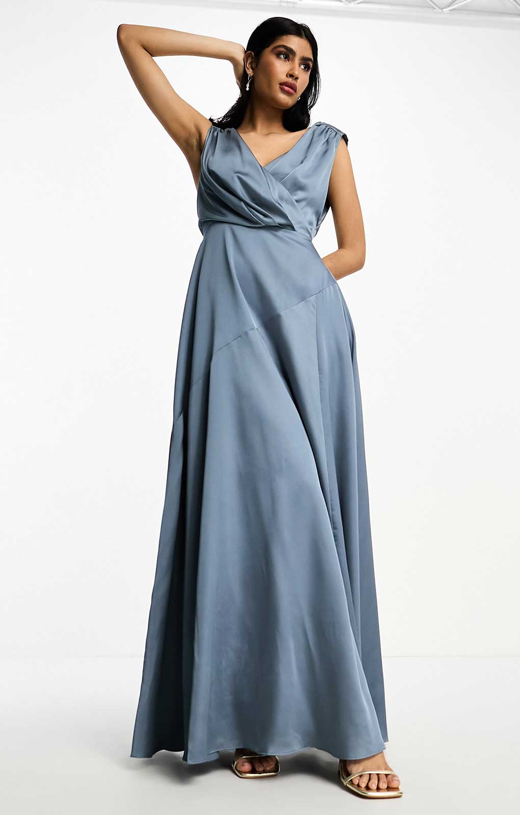 Asos Edition Satin Maxi Dress With Wrap Bodice In Dusky Blue product image