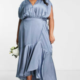 Asos Curve Satin Wrap Midi Dress With Ruched Detail In Dusky Blue