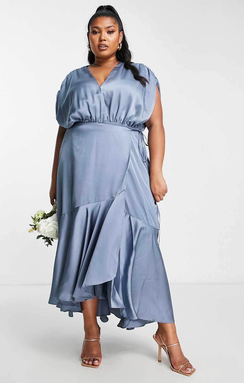 Asos Curve Satin Wrap Midi Dress With Ruched Detail In Dusky Blue product image
