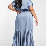 Asos Curve Satin Wrap Midi Dress With Ruched Detail In Dusky Blue