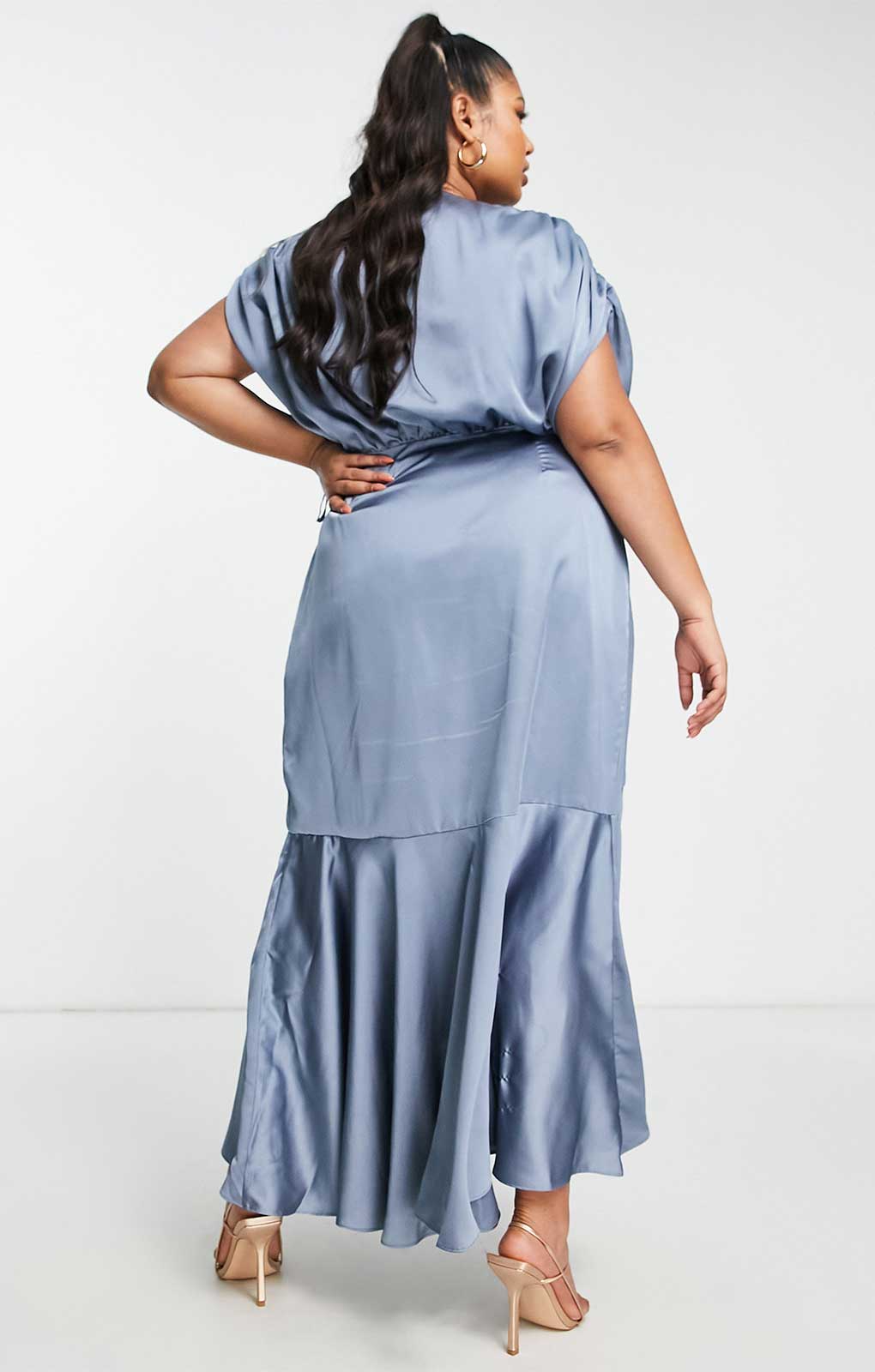 Asos Curve Satin Wrap Midi Dress With Ruched Detail In Dusky Blue product image