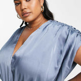 Asos Curve Satin Wrap Midi Dress With Ruched Detail In Dusky Blue