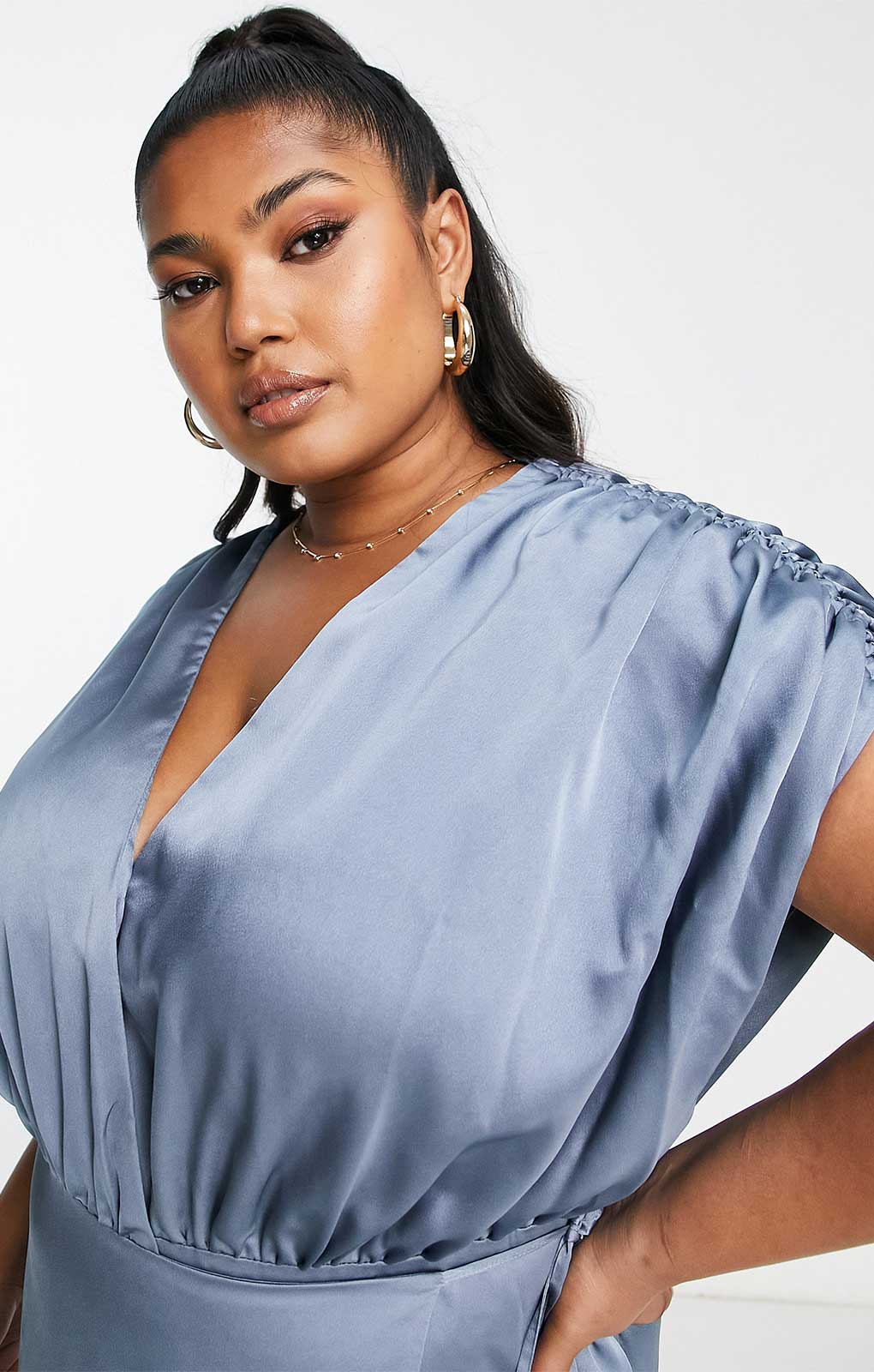 Asos Curve Satin Wrap Midi Dress With Ruched Detail In Dusky Blue product image