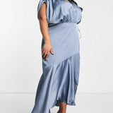 Asos Curve Satin Wrap Midi Dress With Ruched Detail In Dusky Blue