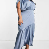 Asos Curve Satin Wrap Midi Dress With Ruched Detail In Dusky Blue product image