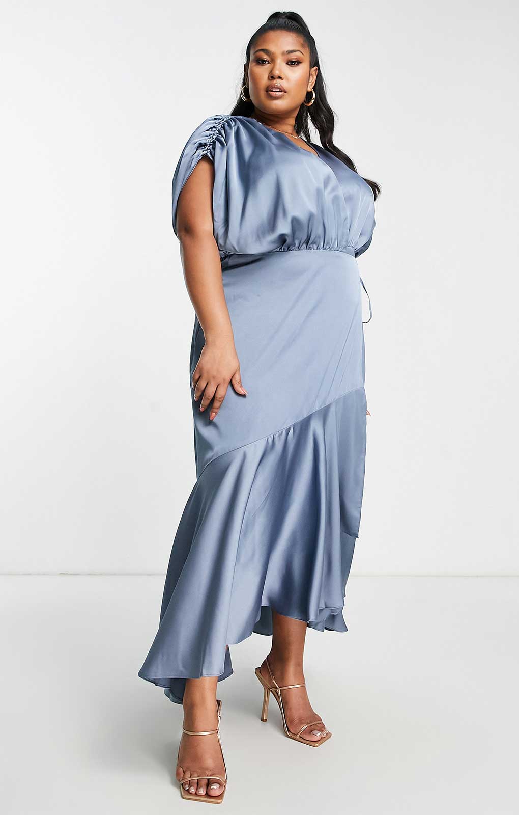 Asos Curve Satin Wrap Midi Dress With Ruched Detail In Dusky Blue