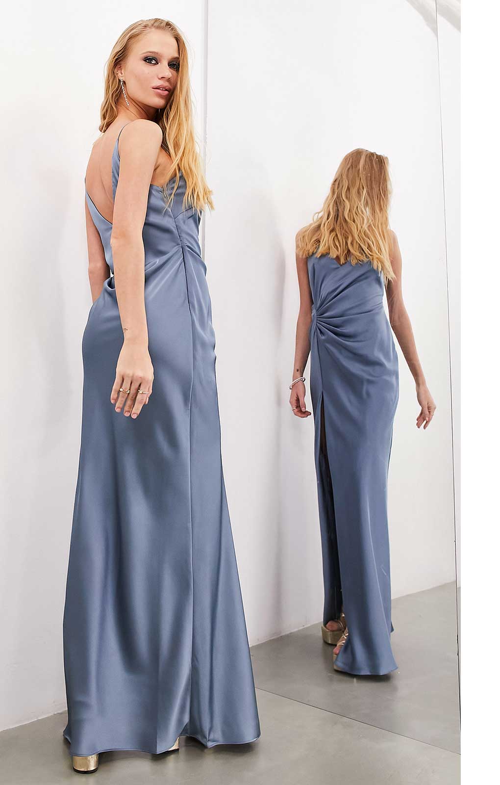 Asos Edition Satin Cami Maxi Dress With Drape Detail In Dusky Blue