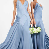 Asos Edition Satin Plunge Maxi Dress With Cross Back In Dusky Blue